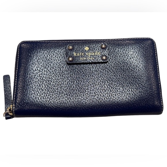 Kate Spade Navy Blue Zipper Wallet Credit Card Slots Holder Leather Zip-around - Picture 1 of 12